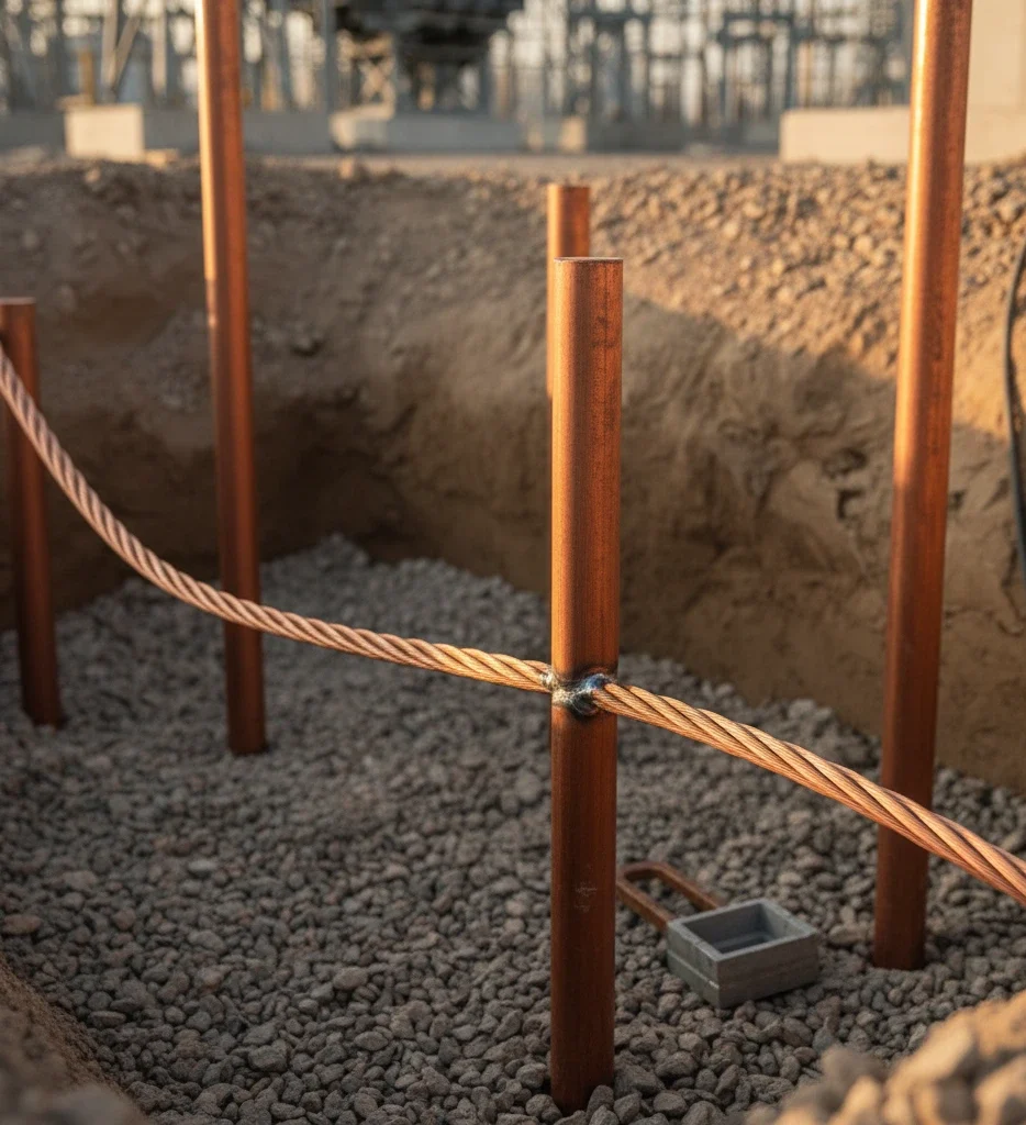 Copper earthing electrodes and conductor installed in an excavation trench
